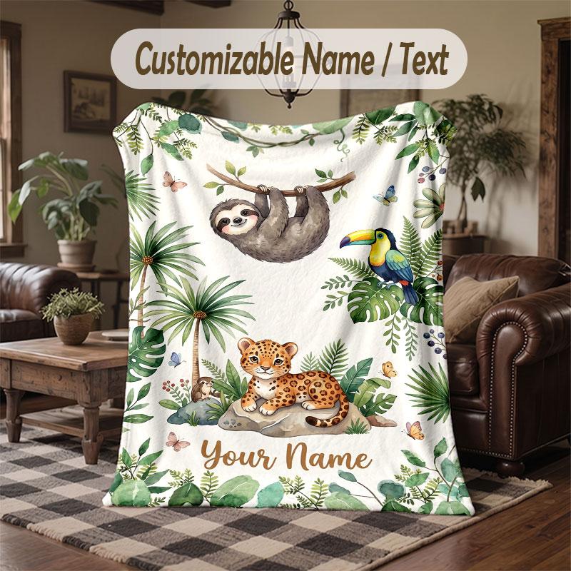 Wildlife Animals Theme Throw Blanket Custom Name Text Personalized Blanket Soft Cozy Blanket for Home Sofa Bed