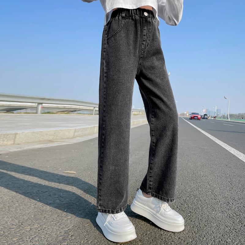 

Casual Style Jeans For Girl Teenage Clothes Elastic High Waist Denim Wide Leg Pants Spring Big Kids Straight Trousers 5-14Y 16 чорний