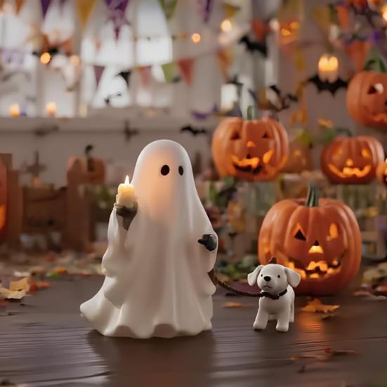 Ghost Pup Candle Holder Cute White Ghost Walking Dog Candlestick Resin Tabletop Figurine for Halloween Home Shelf Desk Decor
