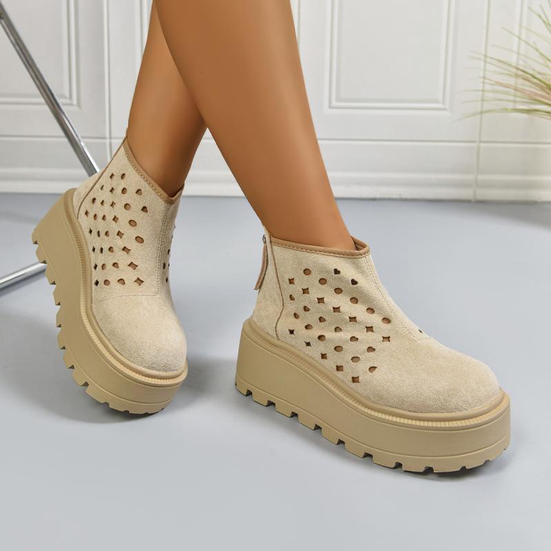 Fashion Chunky Platform Thick Bottom Ankle Boots Women 2025 Khaki Suede Back Zippers Hollow Out Summer Boots Fashion Plus Size Shoes