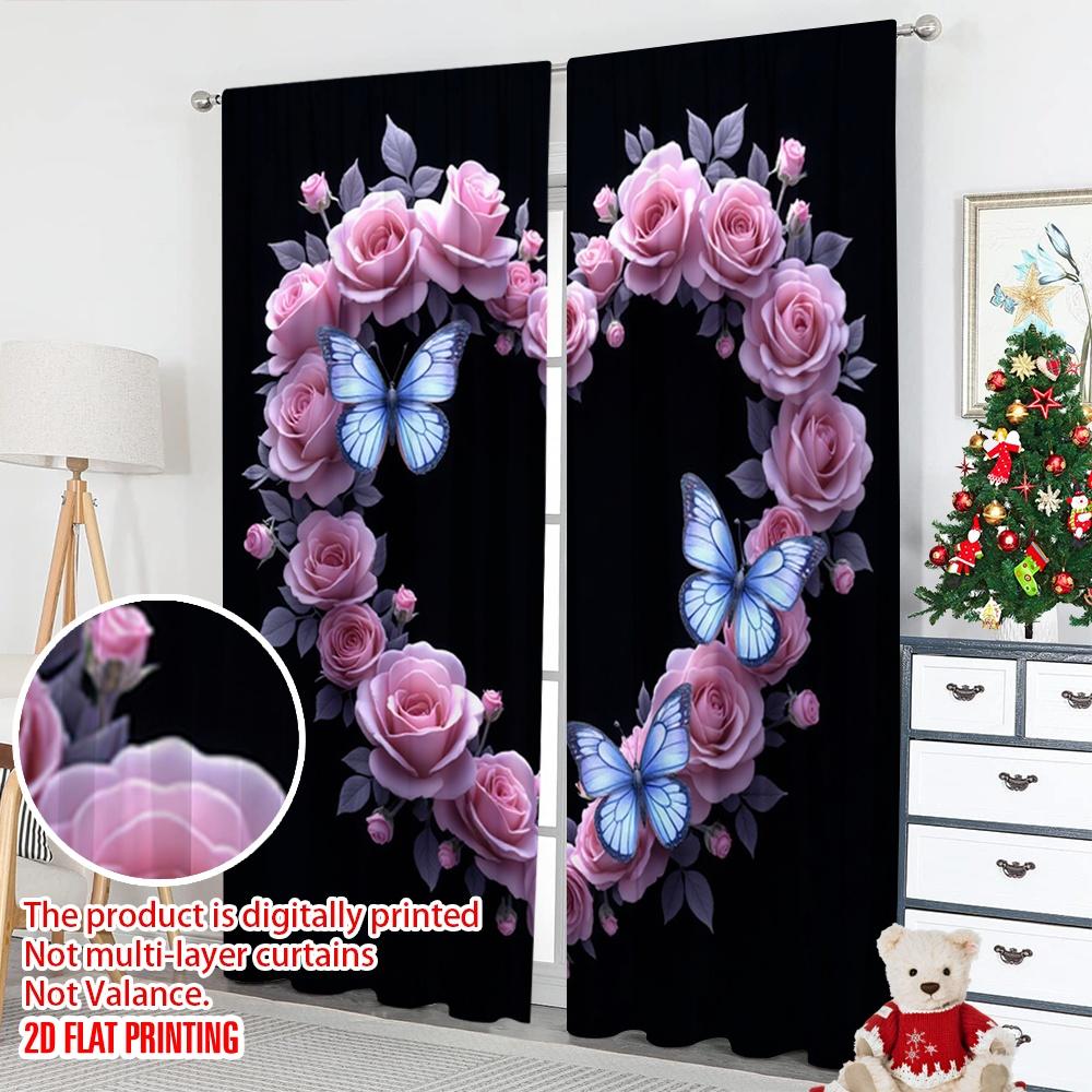 Set Of 2 Flat Printing Window Drapes Neon Heart Butterflies Roses Glow Digital Printed Polyester Birthday Party Curtain Made