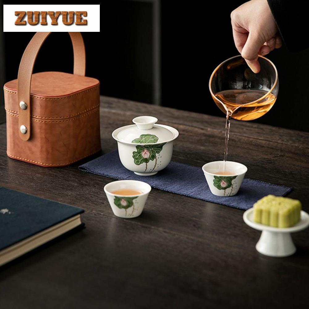 Hand Painted Lotus Glass Travel Tea Set Kit Retro 1 Pot 3 Cups Tea Brewing Travel Tea Set Portable Organizer Supplies Ornaments