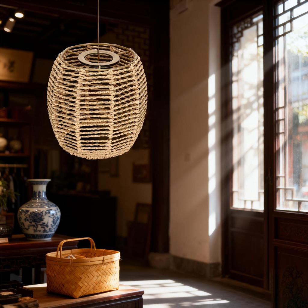 Rattan Lamp Shade Hanging Light Cover E27 E26 Compatible Farmhouse Casual Pendant Only