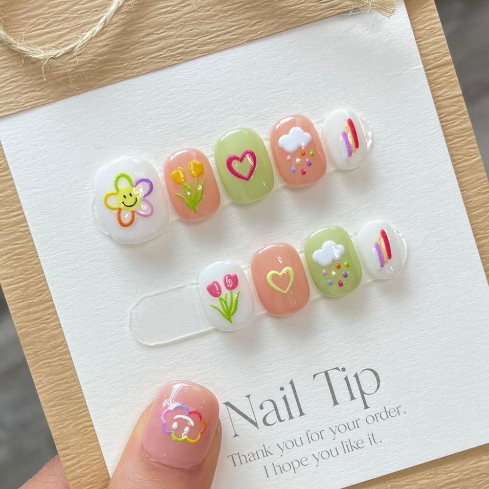 

Ручная работа Kawaii Press on Nails Короткие милые Partysu Ручная краска Многоразовые клейкие накладные ногти Акриловые кончики для ногтей с полным покрытием для девочек