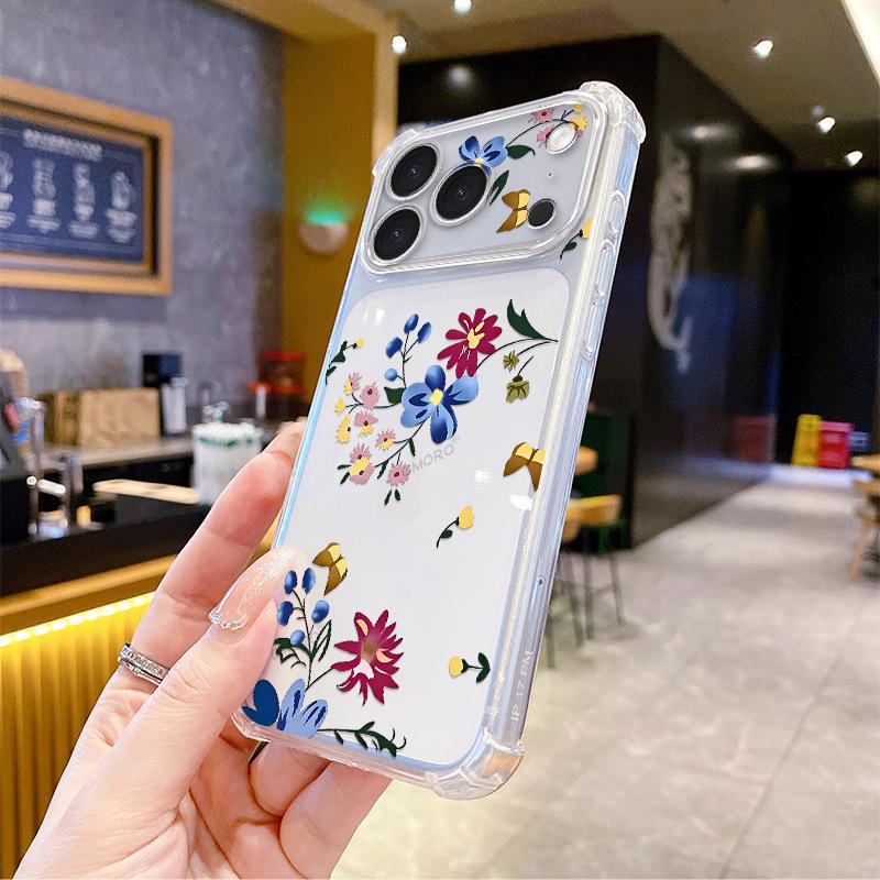 Retro Color Flower Apple 17promax Mobile Phone Case All-inclusive Four Corners Anti-drop Transparent Case iPhone15 Soft Case