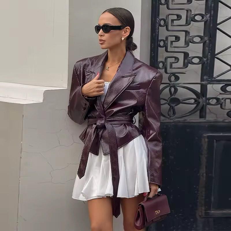 Autumn/Winter Women's Trendy Motorcycle Leather Jacket with Lace-Up Design