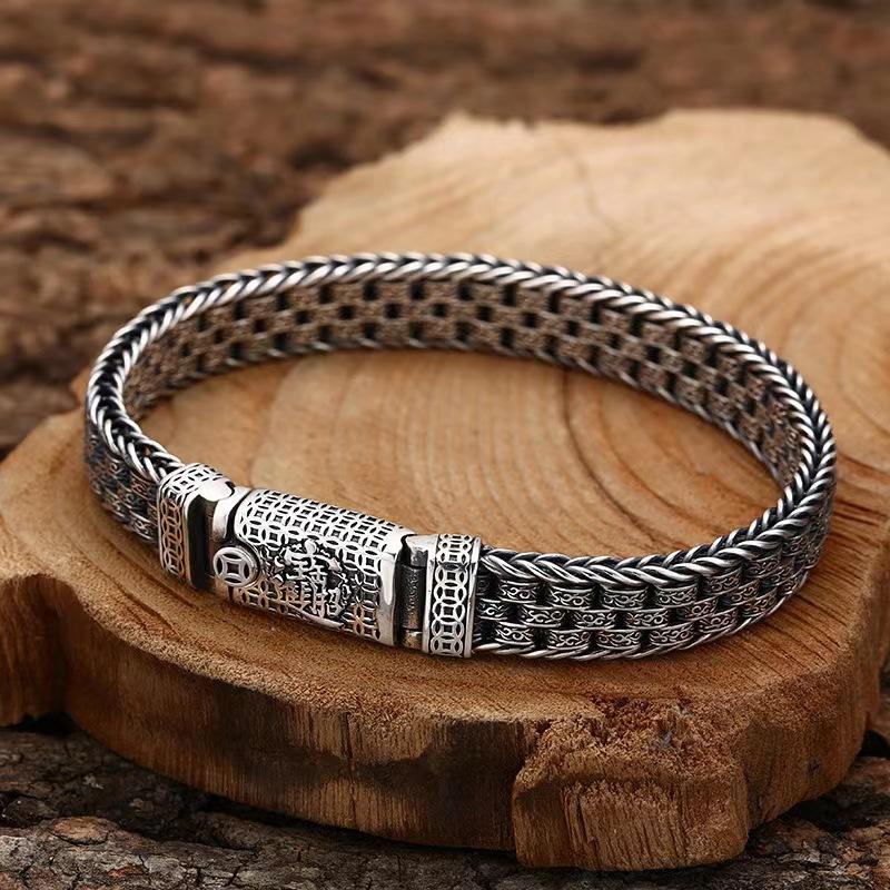 Papas Herrenarmband für Reichtum und Wohlstand, Gewebtes Tang-Gras-Muster, Dicker Stil, Trendy für Herren, Imitation Thailändisches Silber, Retro, Mächtig und Alt
