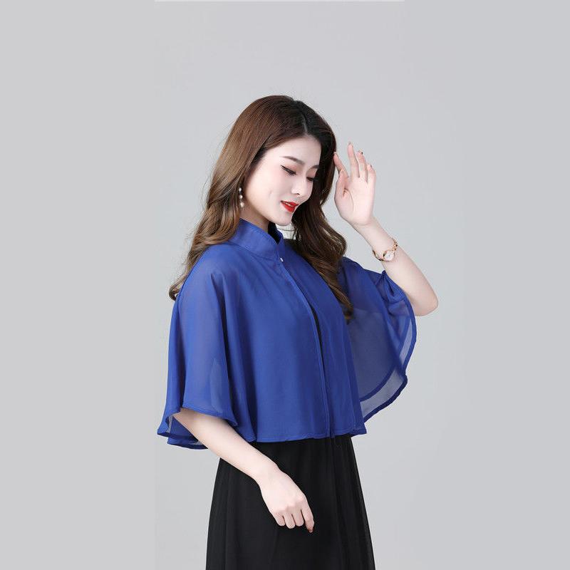 Women'S Summer Cloak Chiffon Scarf Waistcoat Loose Sunscreen Shawl Cheongsam Dress Button Blouse Shoulder Fake Collar Cape T90