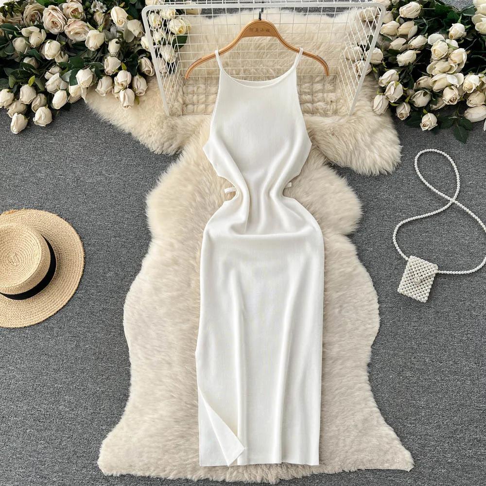 Summer Knit Sexy Strap Dress Women Elatic Waist Bodycon Sundress Female Beach Split Backless Long Dress