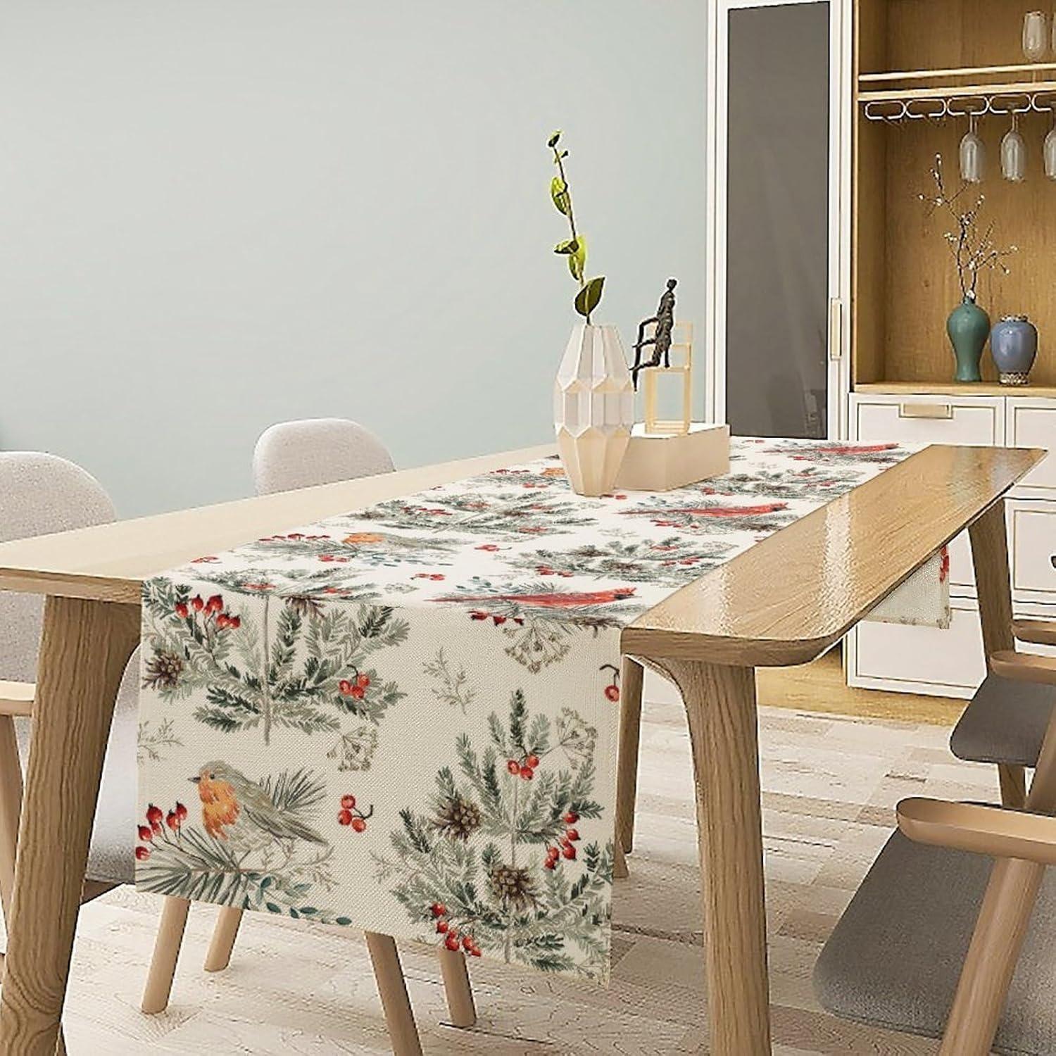 

Святкова різдвяна настільна прапорець: Пташки, шишки та ягоди для чарівного святкового столу! Прикраса для домашньої вечірки на Новий рік 150x33cm