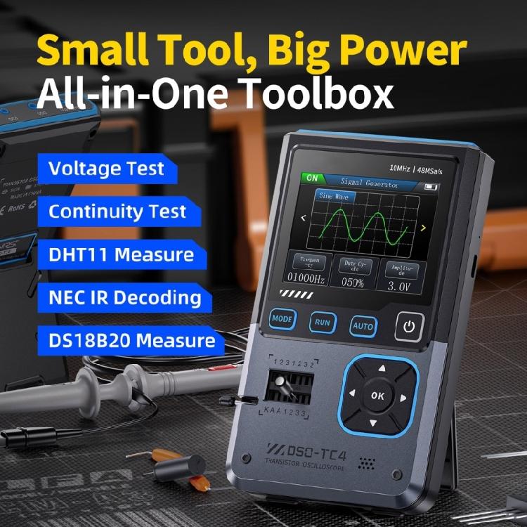 DSO-TC4 Digital Oscilloscope integrate Transistors, Diode,Capacitors Testing for DIY Electronics Projects with Test Hook