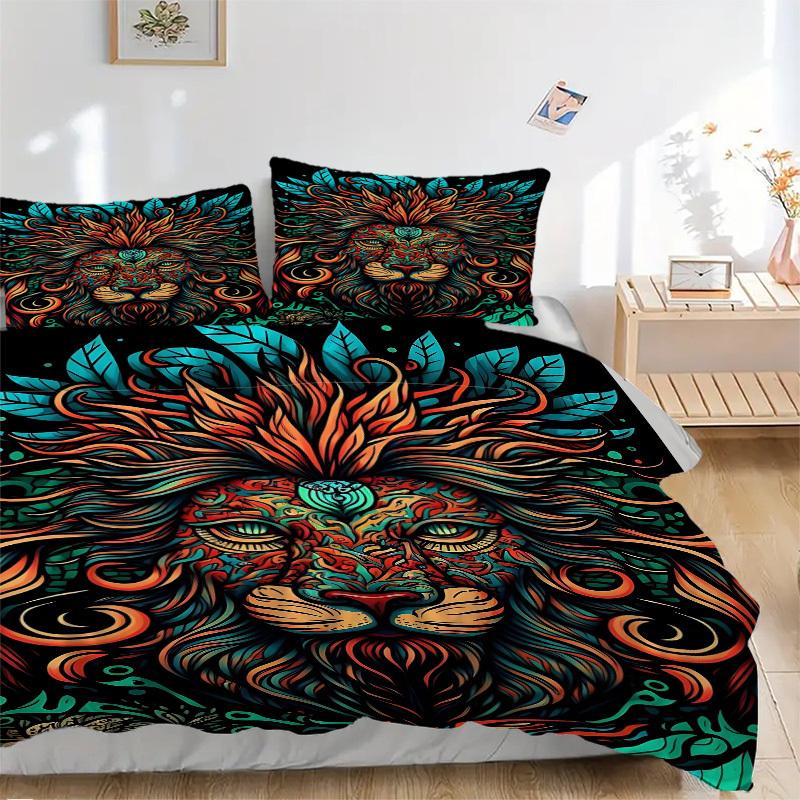 

3pcs Lion Art Print Duvet Cover Set, Cover For Bedroom Guest Room (1 Duvet Cover + 2 Pillowcase, Without Quilt), yy250922231 135x200cm