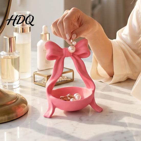 Elegant Jewelry Holder Storage Tray with Bow Decor Decorative Cream Trinket Dish 3D Dressing Table Accessory Print PETG Space Saving Display
