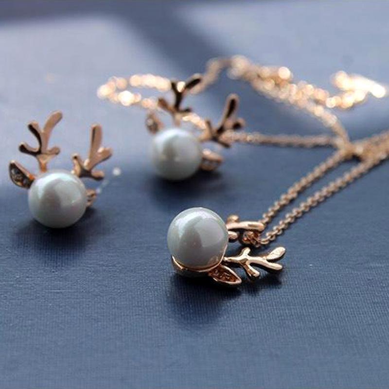 European & American Christmas Rhinestone Pearl Antler Necklace - Short Style