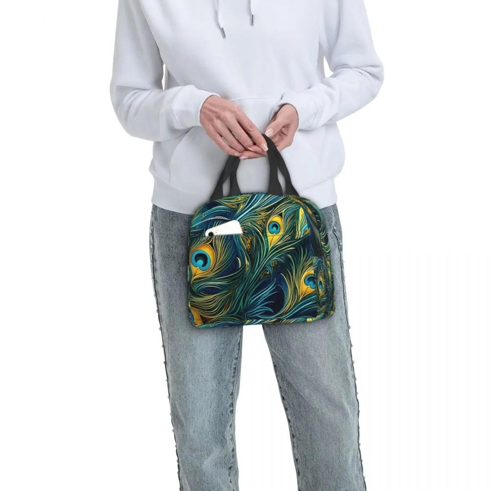 Colorful Peacock Feather Insulated Lunch Bag for Women Children Portable Food Boxes Thermal Lunch Box Tote