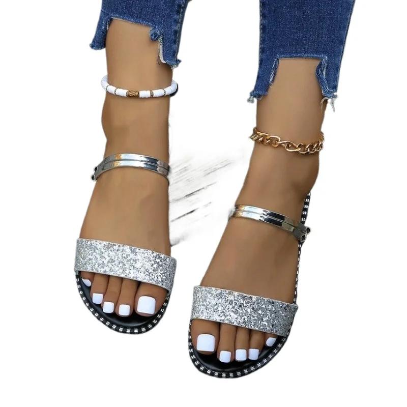 Sandals Women's Flat Bottom 2024 New Summer Soft Sole Versatile and Not Tired Foot One line with Water Diamond Roman Shoes