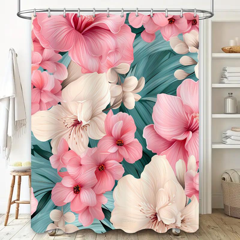 Luxury Bathroom Decor Shower Curtain Floral Print Home Decoration Waterproof Bath Rug Set for Kids and Adults Pink White Green 6