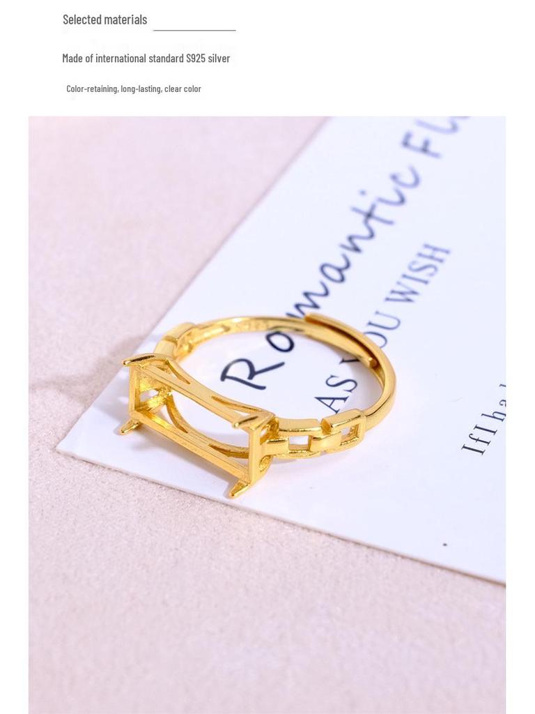 Gold-Plated S925 Sterling Silver Open Square Ring with Cutout Design - Women's Inlaid Setting Jewelry Accessory