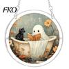 Clear Acrylic Halloween Hanging Suncatcher Jigsaw Puzzle Set, Spooky Ghost Floral Meadow Window Ornament with Metal Stained Glass Frame &