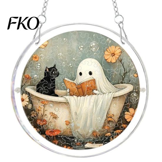 Clear Acrylic Halloween Hanging Suncatcher Jigsaw Puzzle Set, Spooky Ghost Floral Meadow Window Ornament with Metal Stained Glass Frame &