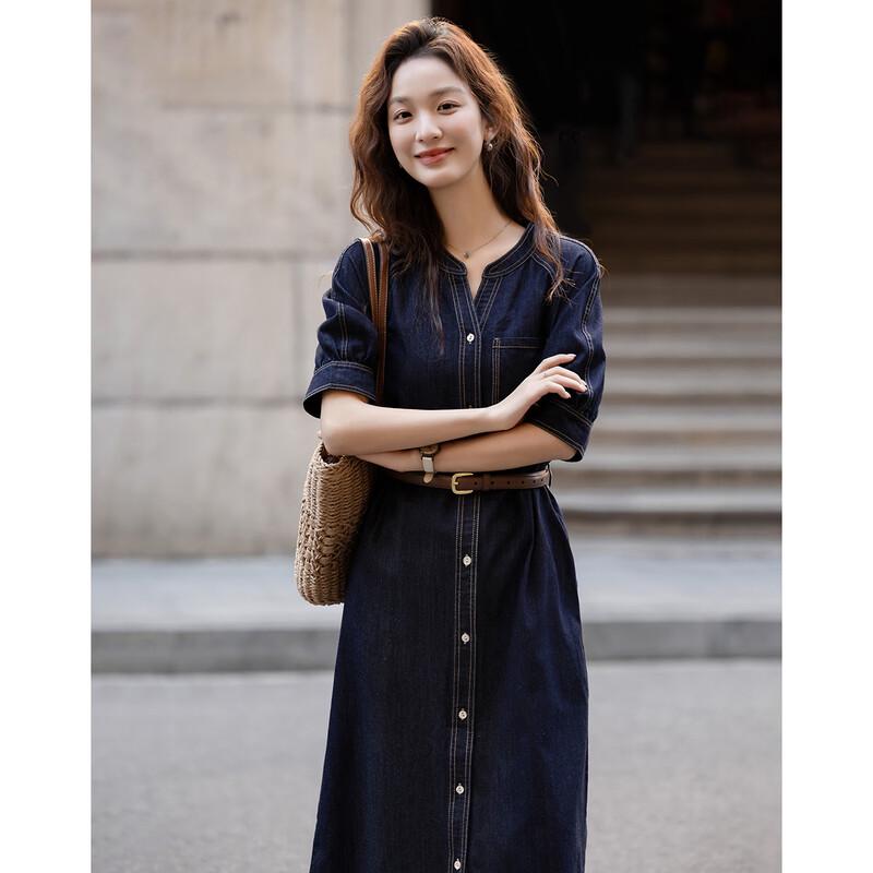 Demana Cloud Cotton V-Neck Belted Denim Dress