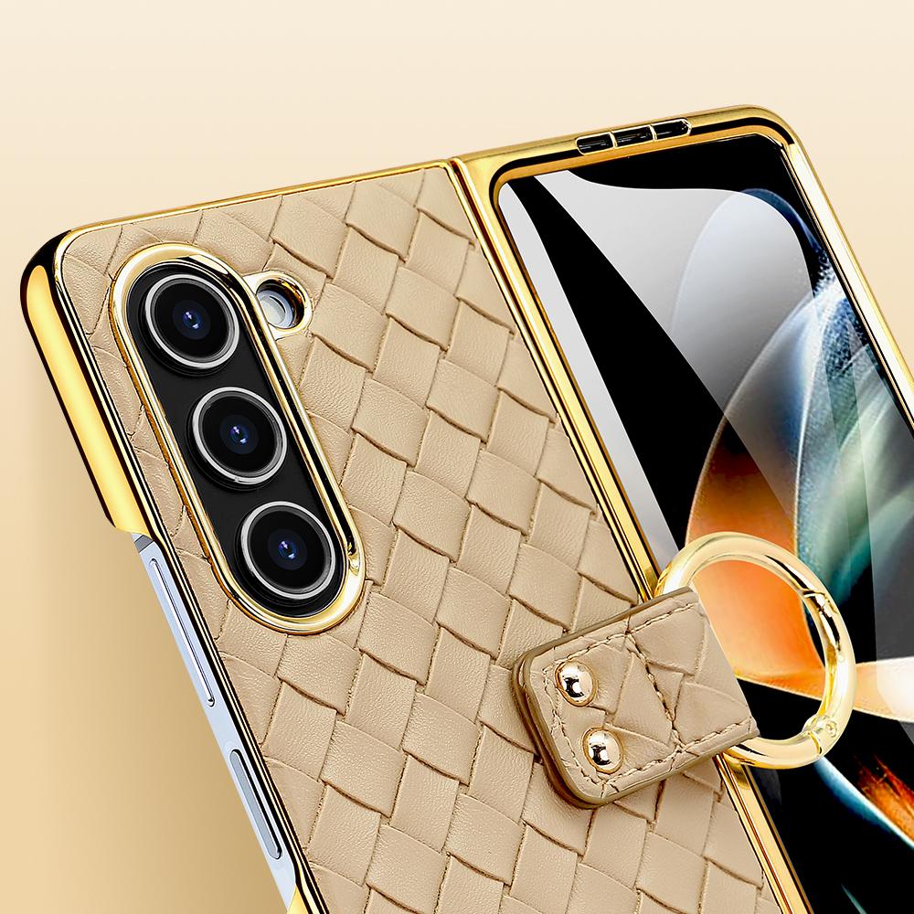 Für Samsung Galaxy Z Fold5 5G Hülle Gewebte Textur Leder+PC Handyhülle mit Rückseitenfolie