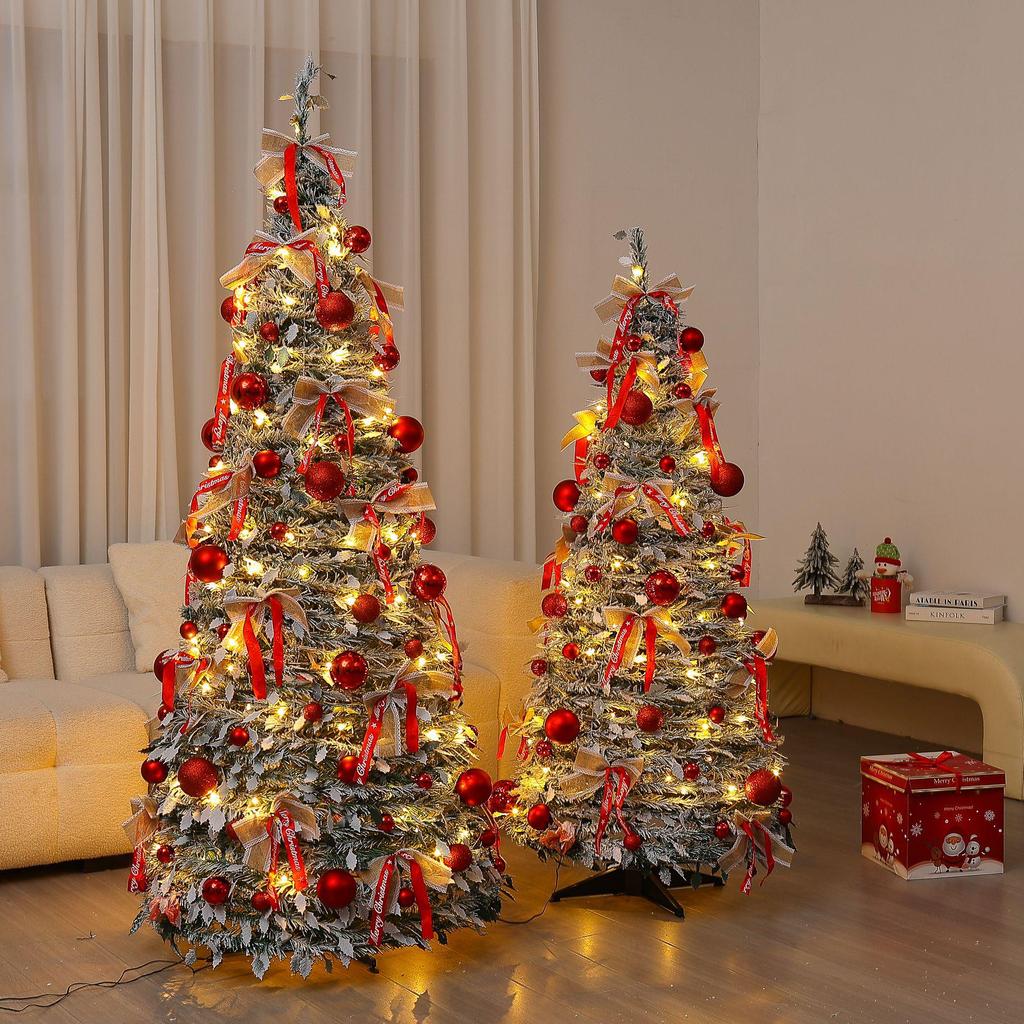 Luxury Folding Telescopic Christmas Tree with Warm Lights - Green Flocking Floor-Standing Decor