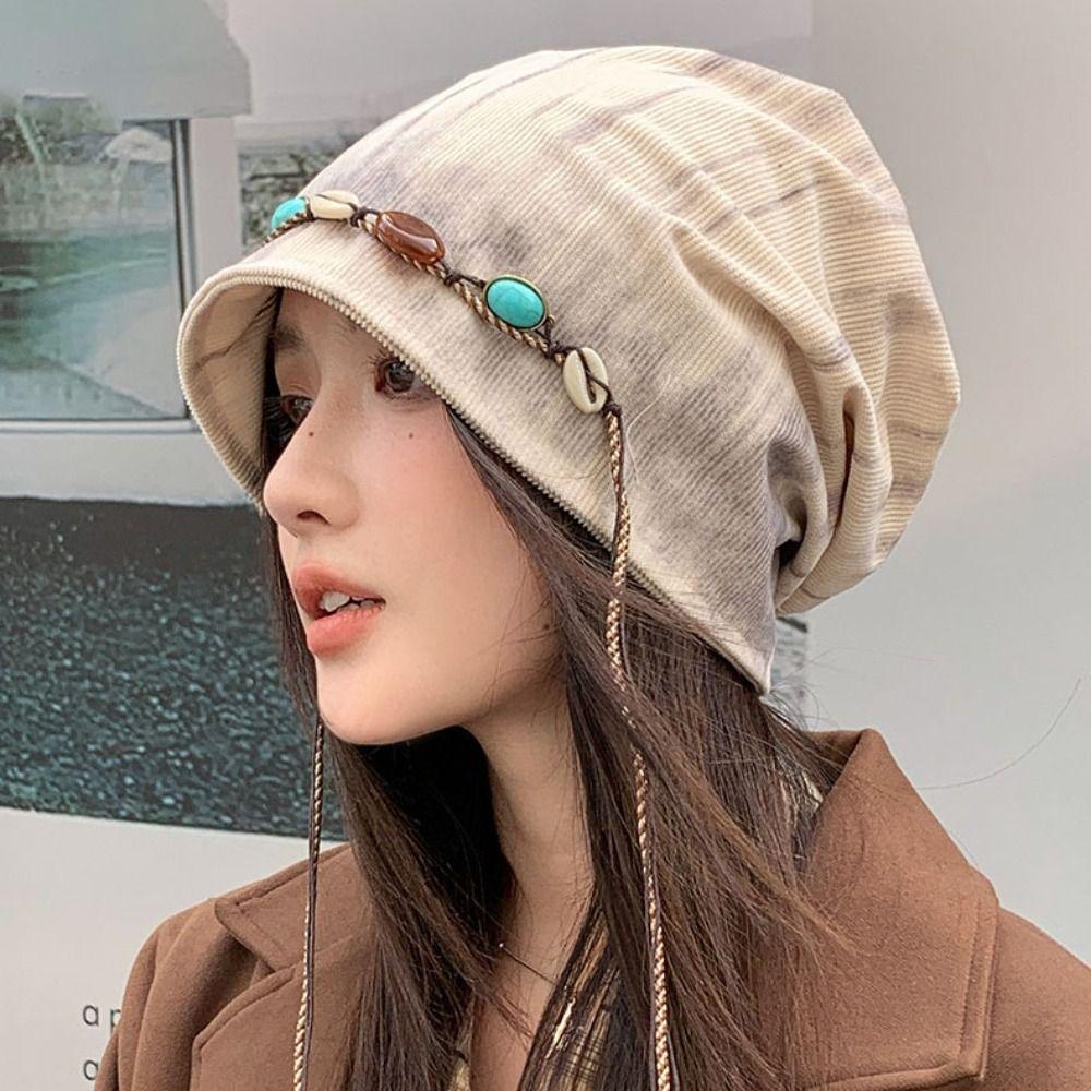 Beaded Decor Beanies Cap Ethnic Style Pullover Hats Fashion Y2k Baggy Cap  Spicy Girls