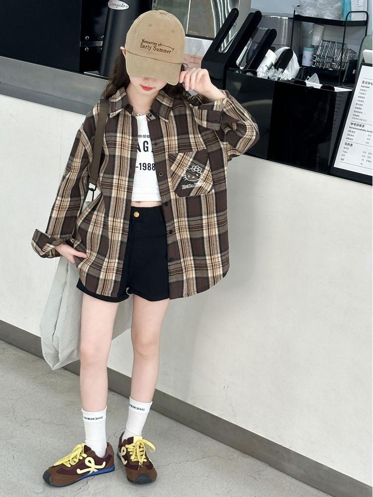 Girls' Plaid Long-Sleeve Shirt Jacket for Autumn 2025 - Fashionable Spring Top for Big Kids