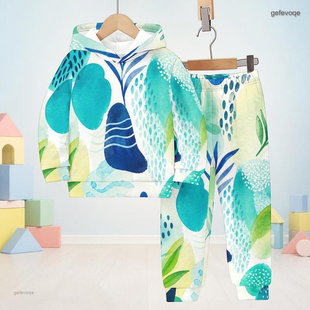 Kids Boys Girls Hooded Long Sleeve Printed Sweatshirt Cuffed Pants Two Piece Outfit