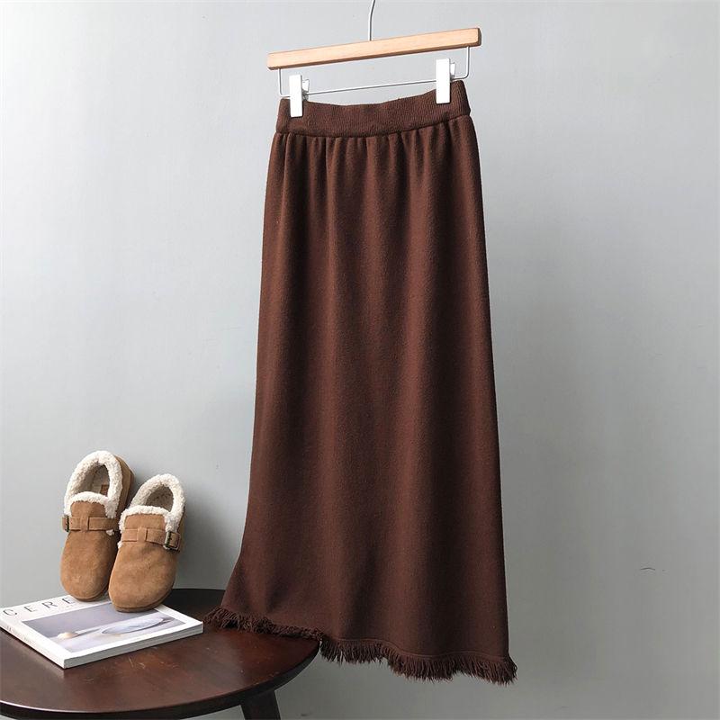 High-End Luxury Fringed Women's Knitted Midi Skirt Elegant Straight Bodycon Skirt High Waist