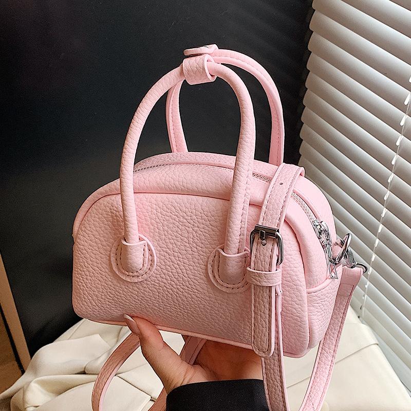 Korean Popular Niche Simple Lychee Pattern Portable Boston Bag Casual High-end Commuting Versatile Messenger Women's Bag