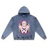 DTG Print Knitted Denim Zip-Up Hoodie Anime Streetwear 19 Brother Print Zipper Hoodies  