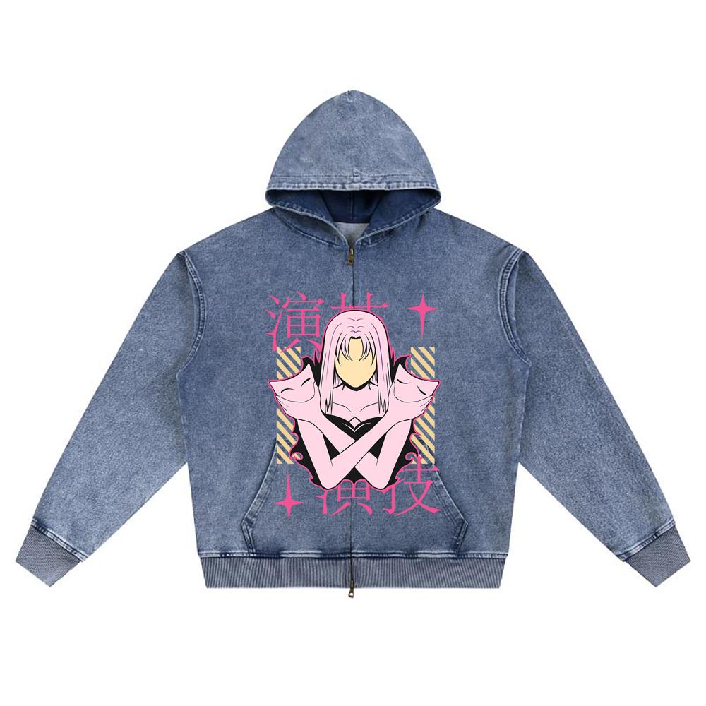 DTG Print Knitted Denim Zip-Up Hoodie Anime Streetwear 19 Brother Print Zipper Hoodies
