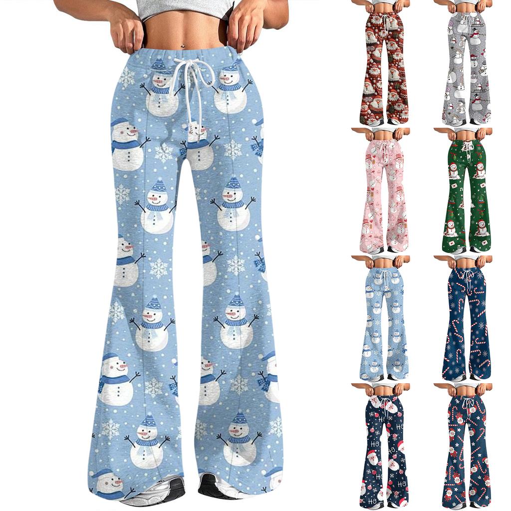 Women's Fashion Loose Drawstring Waist Christmas Printed Casual Sports Pants Casual Flared Pants