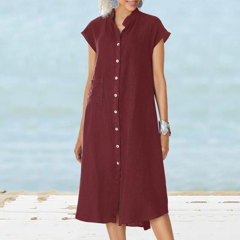 Women's Fashion Summer Spring Solid Color Print O-Neck High Waist Casual Dresses