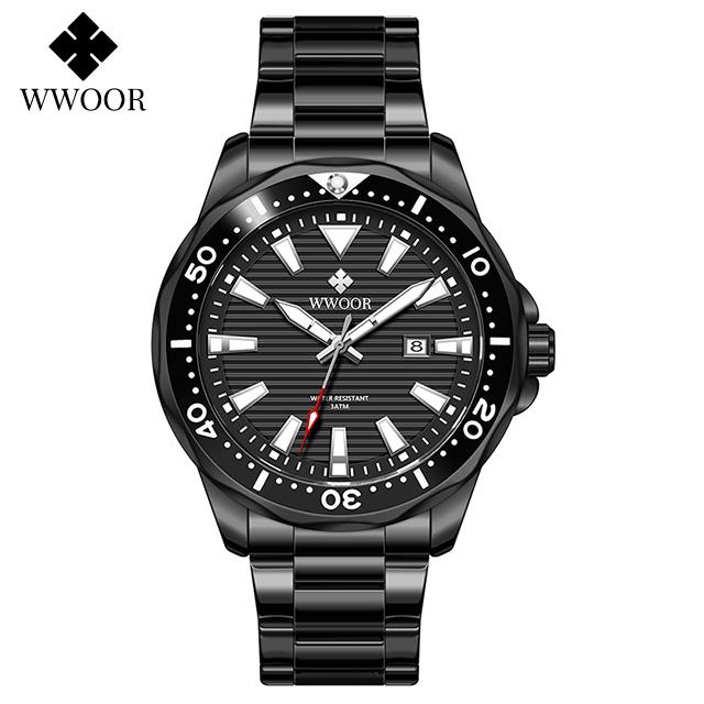 WWOOR Luxury Stainless Steel Men's Watches Sport Diving Quartz Clock Luminous Waterproof Military Wristwatch Relogio Masculino
