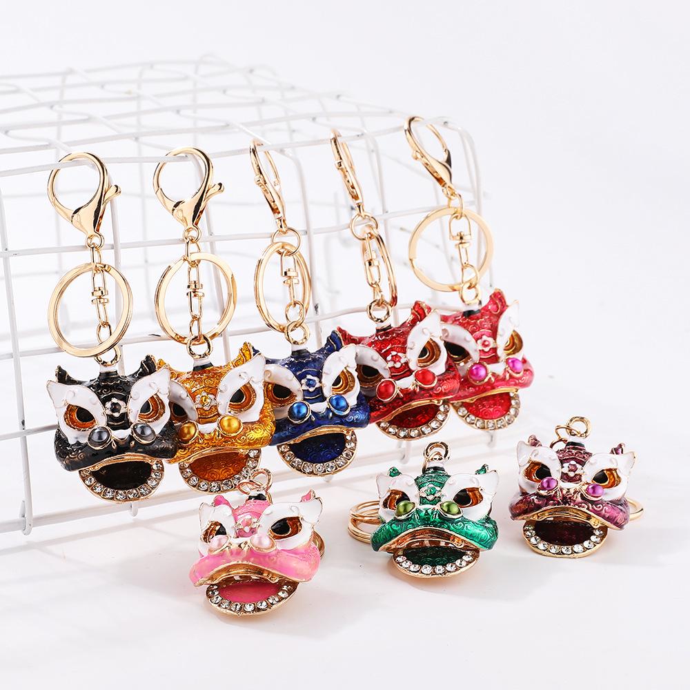 Lion Dance Rhinestone Lion Head Keychain - Chinese Style Pendant