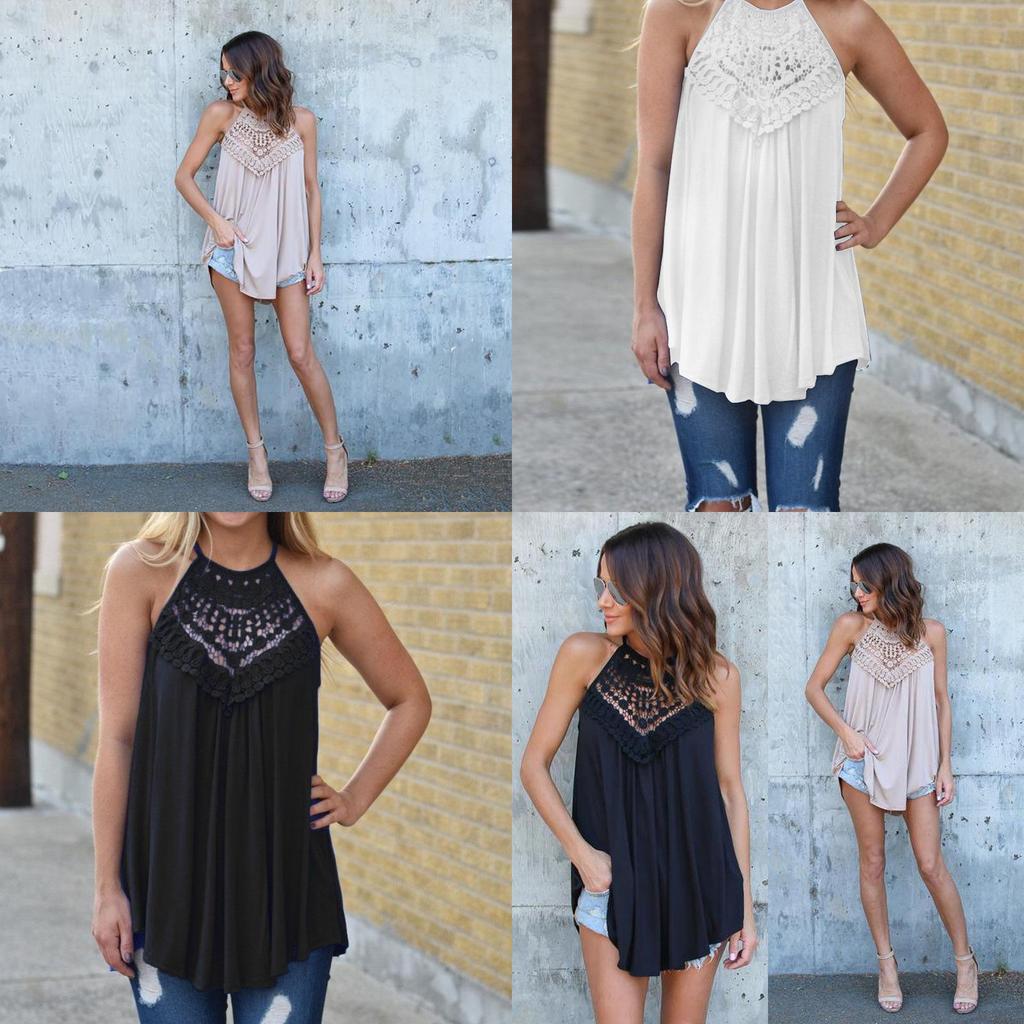 European Style Loose Fit Sleeveless Cotton T Shirt With Lace Splicing For Casual Women
