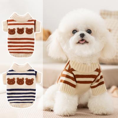 Hunde Gestreifter Pullover Niedliches Bärenmuster Gestrickter Pullover Dehnbar Warm Winter Welpenkleidung für Kleine Hunde Katzen Französische Bulldogge Chihuahua