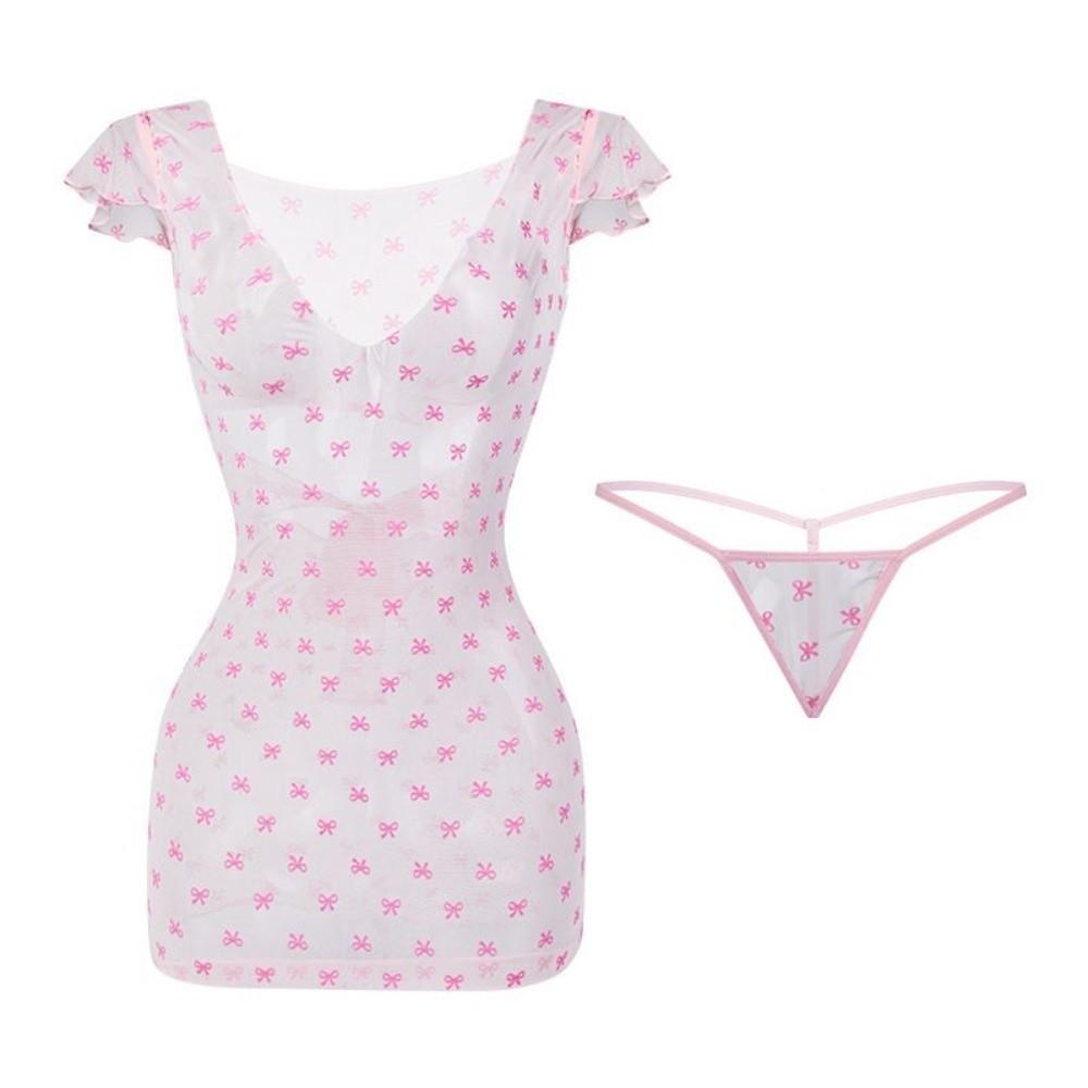 

Soft Mesh Pajamas Lace Up Bowknot Skirt Deep V Neck Underwear for Women Thin Underpants Ladies Pink 40-60kg