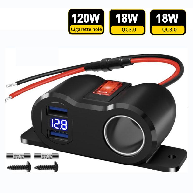 Car Phone Charger Adapter PD QC3.0 Socket 120W Cigarette Lighter Power Adapter Fast Charging 12/24V with Voltmeter On/off Switch