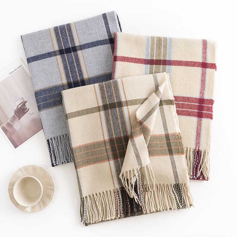 Atmospheric Scarf Female Maillard Color Plaid Autumn and Winter Imitation Cashmere Thickened Warm Shawl Double-sided Couple Scarf