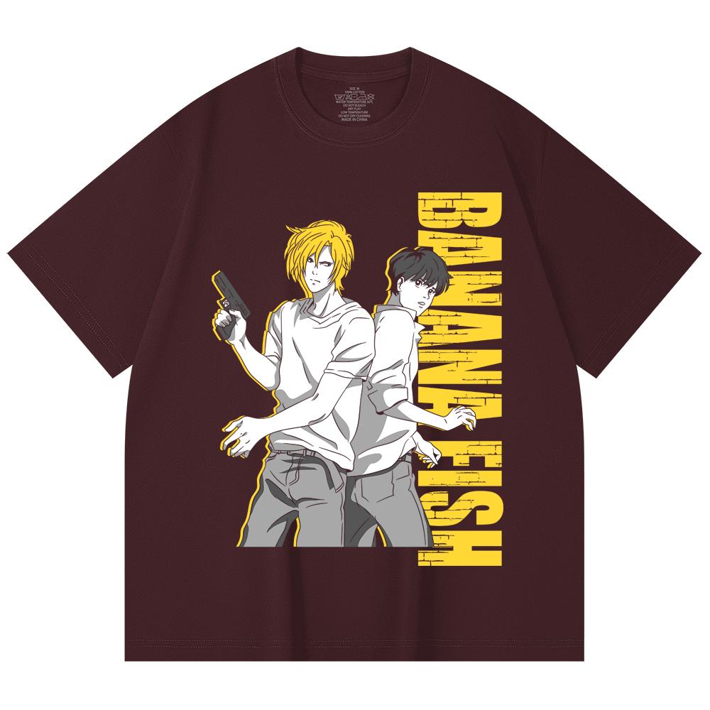 

230 Gsm 100% Cotton Banana Fish V1 Print Unisex Heavy Cotton T Shirt 2XL вина червоного кольору