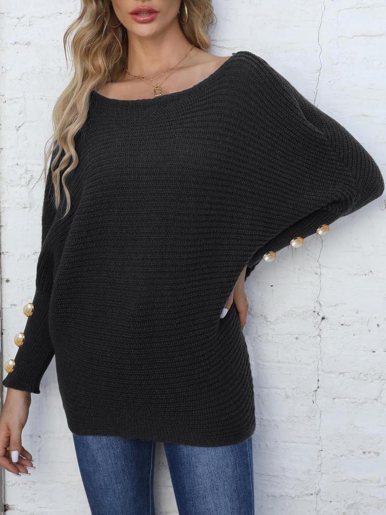 Women's pullover woven sweater European, American autumn and winter women's clothing pearl button bat sleeve one-word collar loose sweater