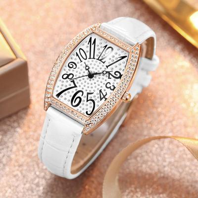 Luxus-Leder-Damenuhren, modisch, glänzende Diamanten, Lederarmband, wasserdicht, römische Zahlen, Damen-Quarz-Armbanduhr