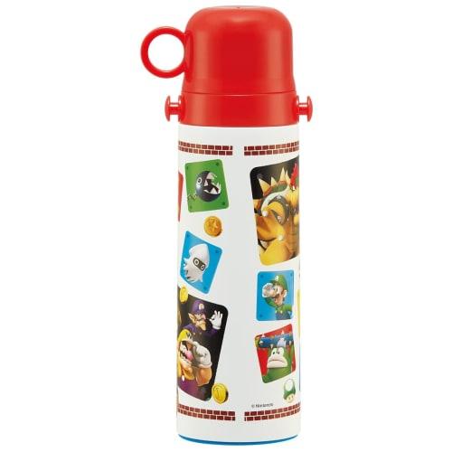 Skater Kids' Stainless Steel Water Bottle, 2-Way Design, 580ml (Direct Drinking) or 570ml (Cup Drinking), Super Mario 23 Design, Kid-Friendly and Ligh