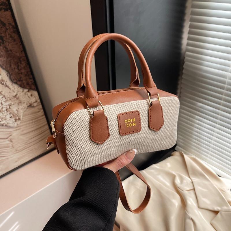 Nischen-Kontrastfarben-Bowlingtasche Damen Neu Hochwertige Canvas-Handtasche Retro Schulter-Umhängetasche