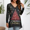 Ladies' Fashionable Casual Christmas Printed T-shirt Long Sleeved V-neck Mid Length Top