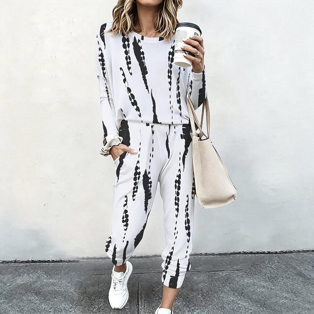 Ladies Loose Long Sleeve Top And Elastic Waist Pants Two Piece Cozy Daily Outfit Set